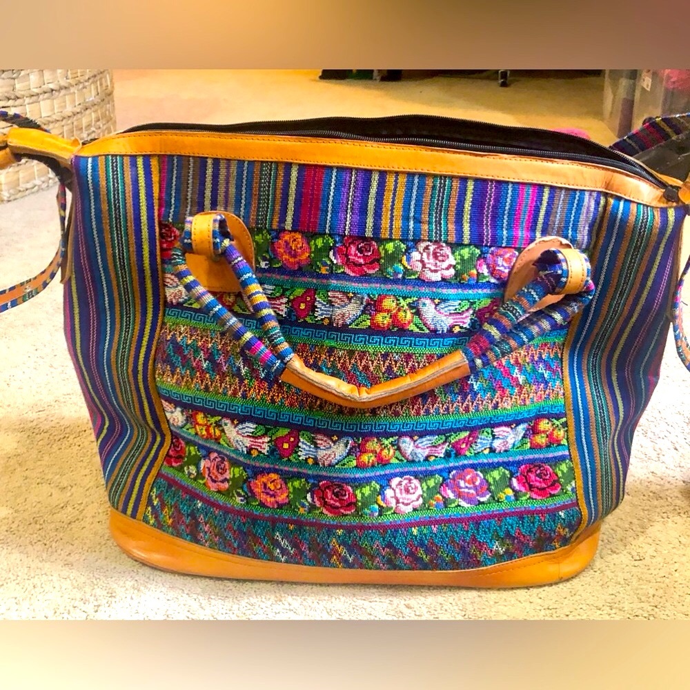 Colorful Striped and Leather Women's Bag